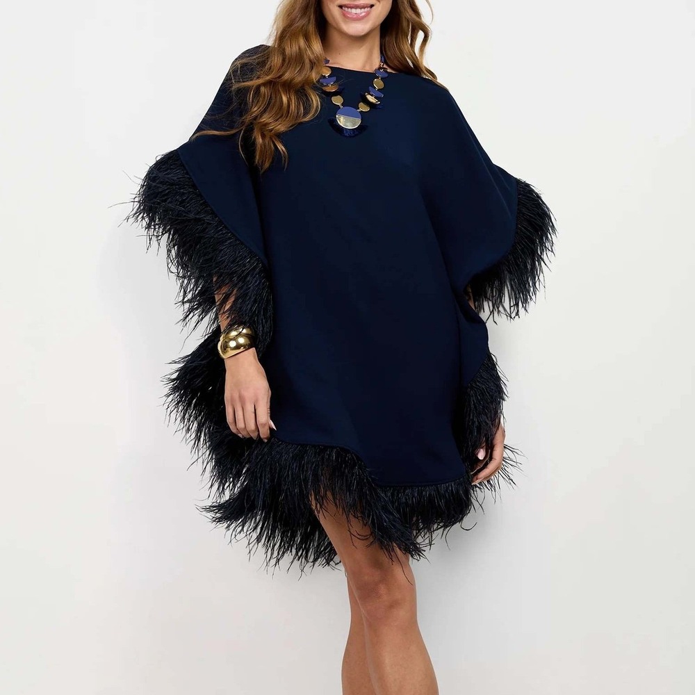 Trina Turk Mini Neena Caftan Dress Ostrich Feather Trim Navy Blue XXL